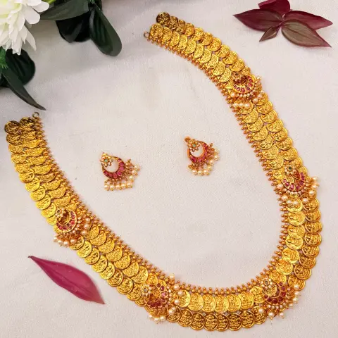 1 Gram Gold Plated Double-Layered Chandbali Kasu Haram / 2-Step Lakshmi Kasu Mala with Crescent Pearl Earrings SJLH024