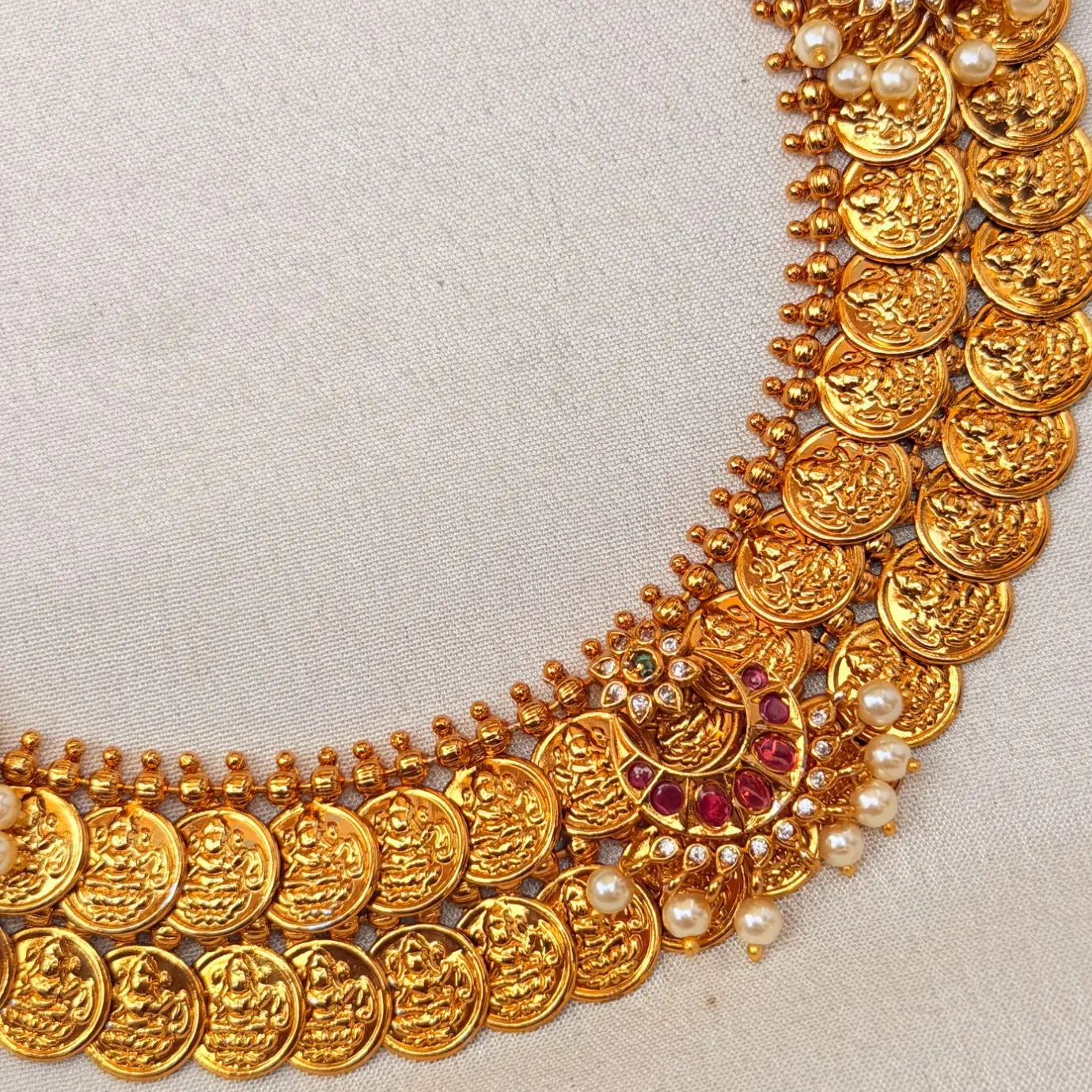 1 Gram Gold Plated Double-Layered Chandbali Kasu Haram / 2-Step Lakshmi Kasu Mala with Crescent Pearl Earrings SJLH024