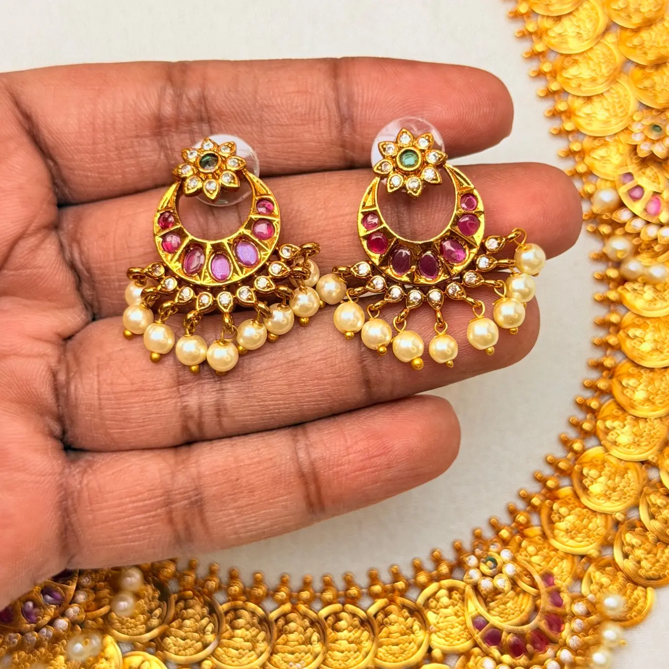 1 Gram Gold Plated Double-Layered Chandbali Kasu Haram / 2-Step Lakshmi Kasu Mala with Crescent Pearl Earrings SJLH024