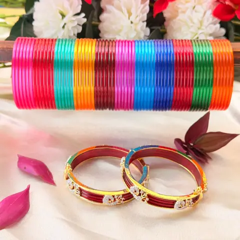 Multicolored Glass Bangle Set with Stone-Studded Kada Pair