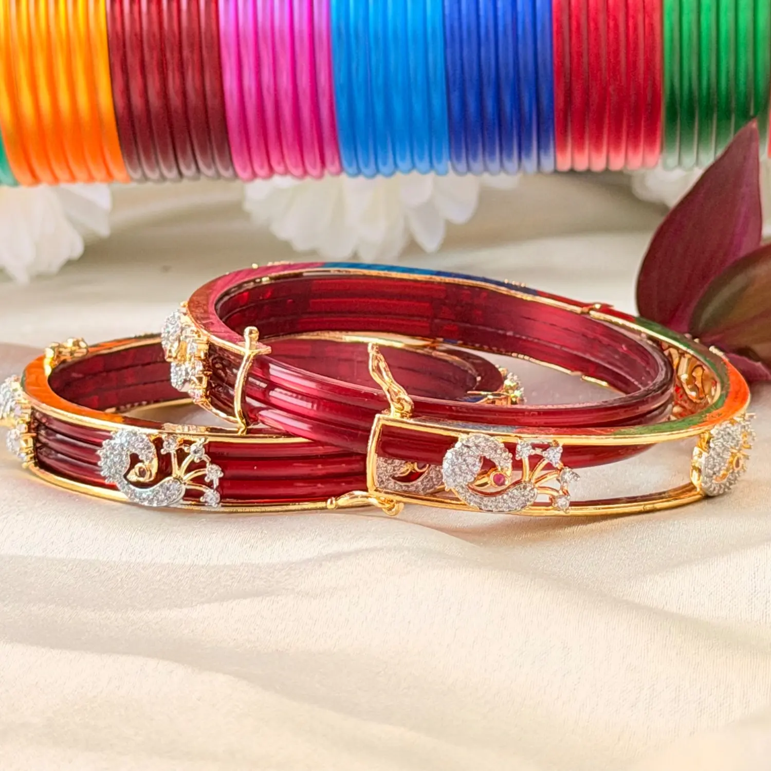 Multicolored Glass Bangle Set with Stone-Studded Kada Pair