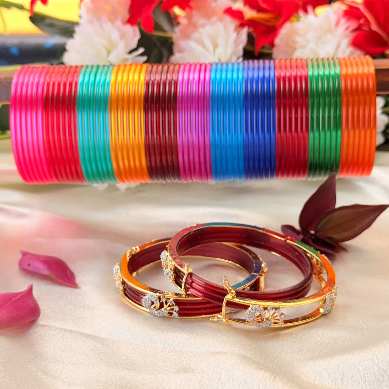 Multicolored Glass Bangle Set with Stone-Studded Kada Pair