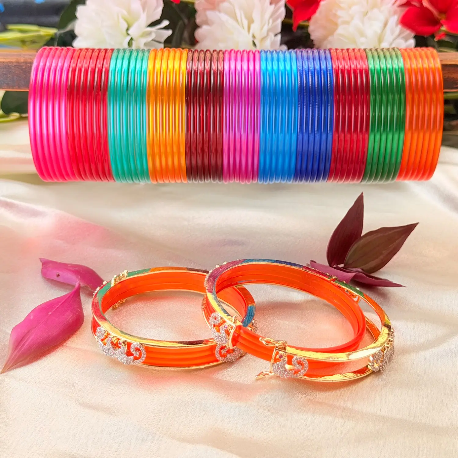Multicolored Glass Bangle Set with Bright Orange Stone-Studded Kada Pair
