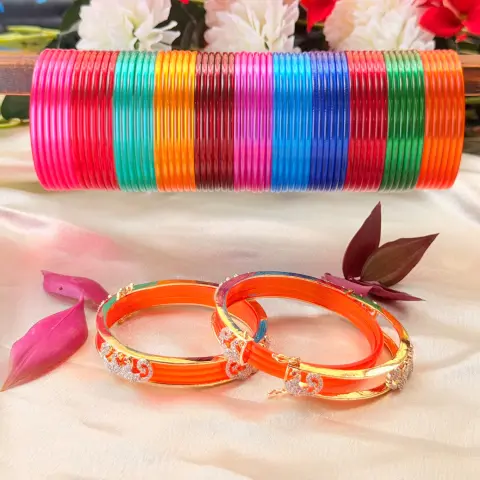 Multicolored Glass Bangle Set with Bright Orange Stone-Studded Kada Pair