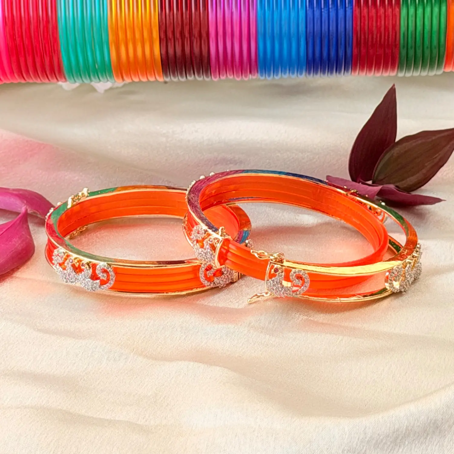 Multicolored Glass Bangle Set with Bright Orange Stone-Studded Kada Pair