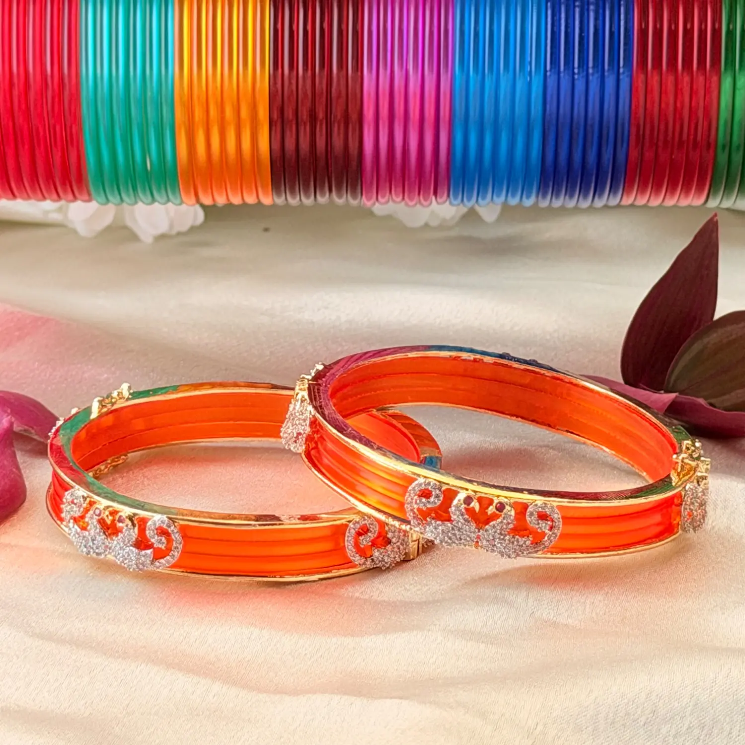 Multicolored Glass Bangle Set with Bright Orange Stone-Studded Kada Pair