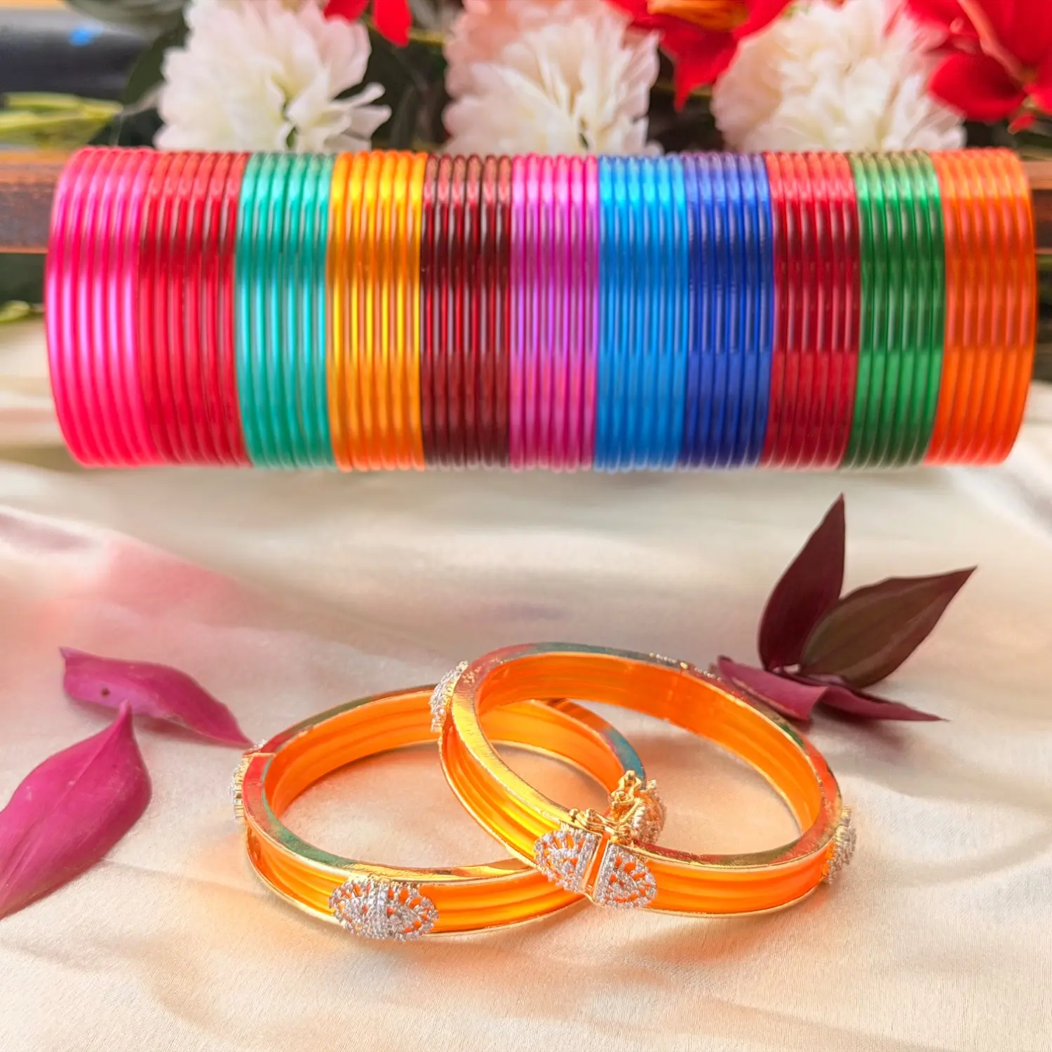Multicolored Glass Bangle Set with Yellow-Orange Stone-Studded Kada Pair