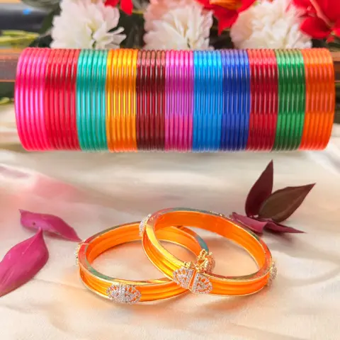 Multicolored Glass Bangle Set with Yellow-Orange Stone-Studded Kada Pair
