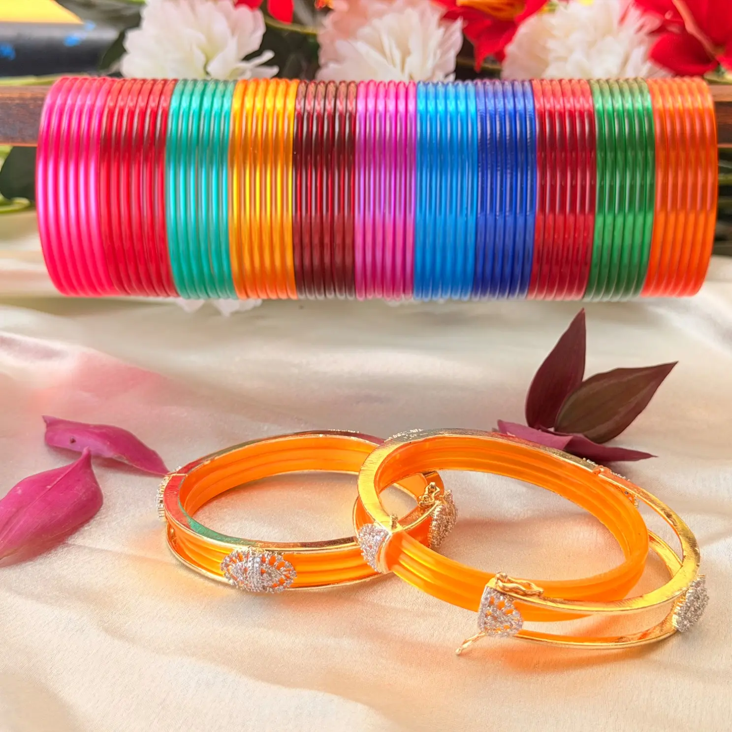 Multicolored Glass Bangle Set with Yellow-Orange Stone-Studded Kada Pair
