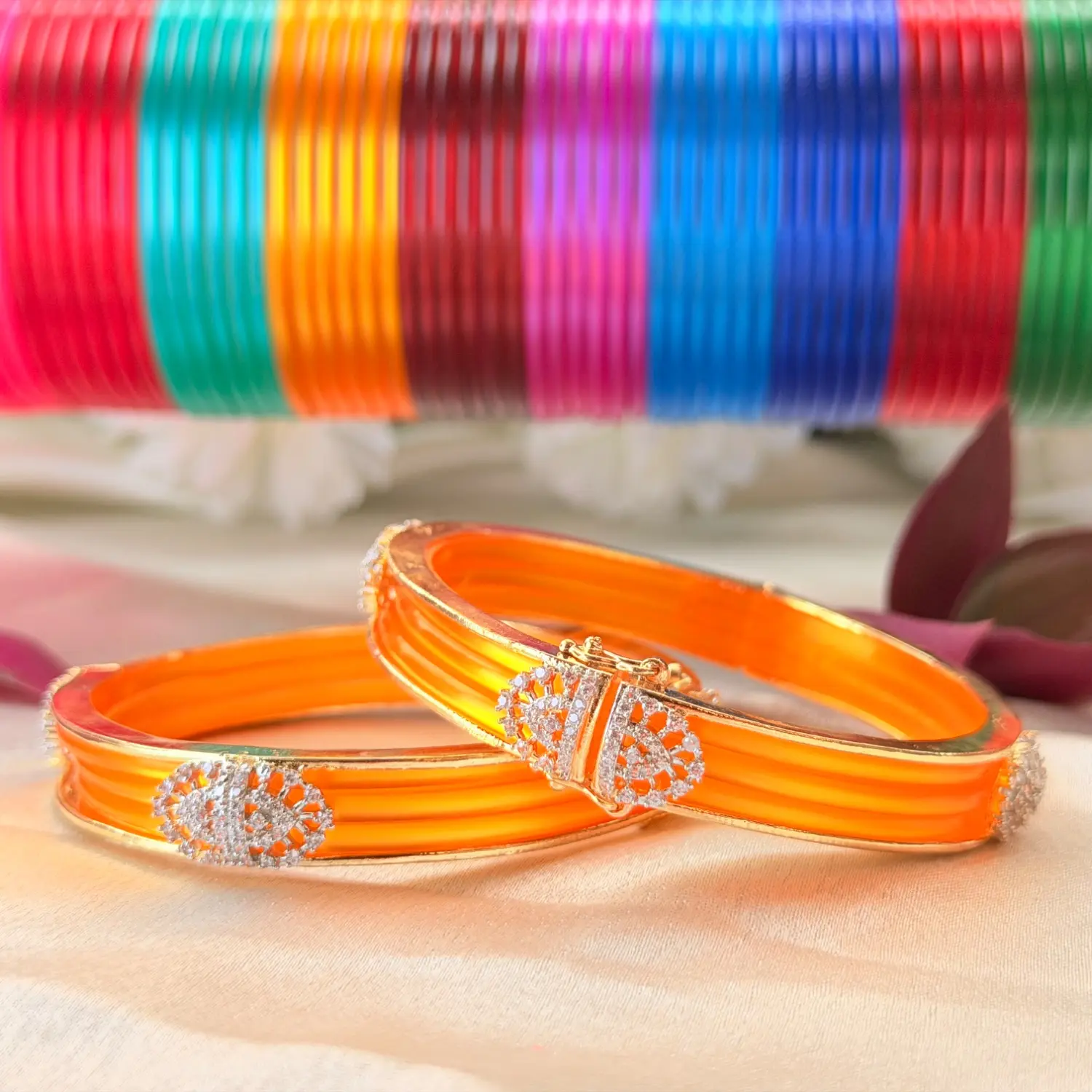 Multicolored Glass Bangle Set with Yellow-Orange Stone-Studded Kada Pair