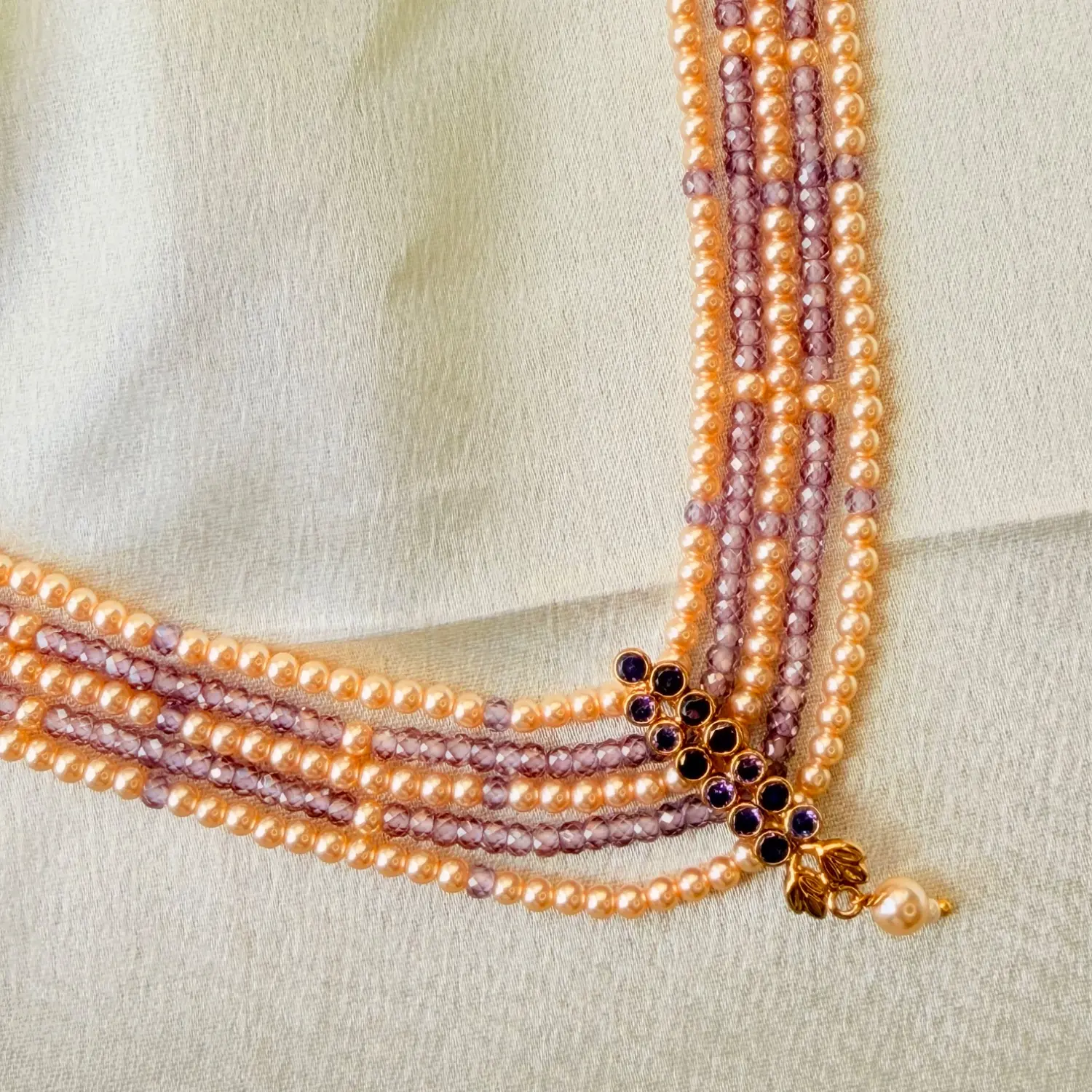 Multi-Strand Lavender Bead and Pearl Long Necklace Set with Matching Earrings SJLH019