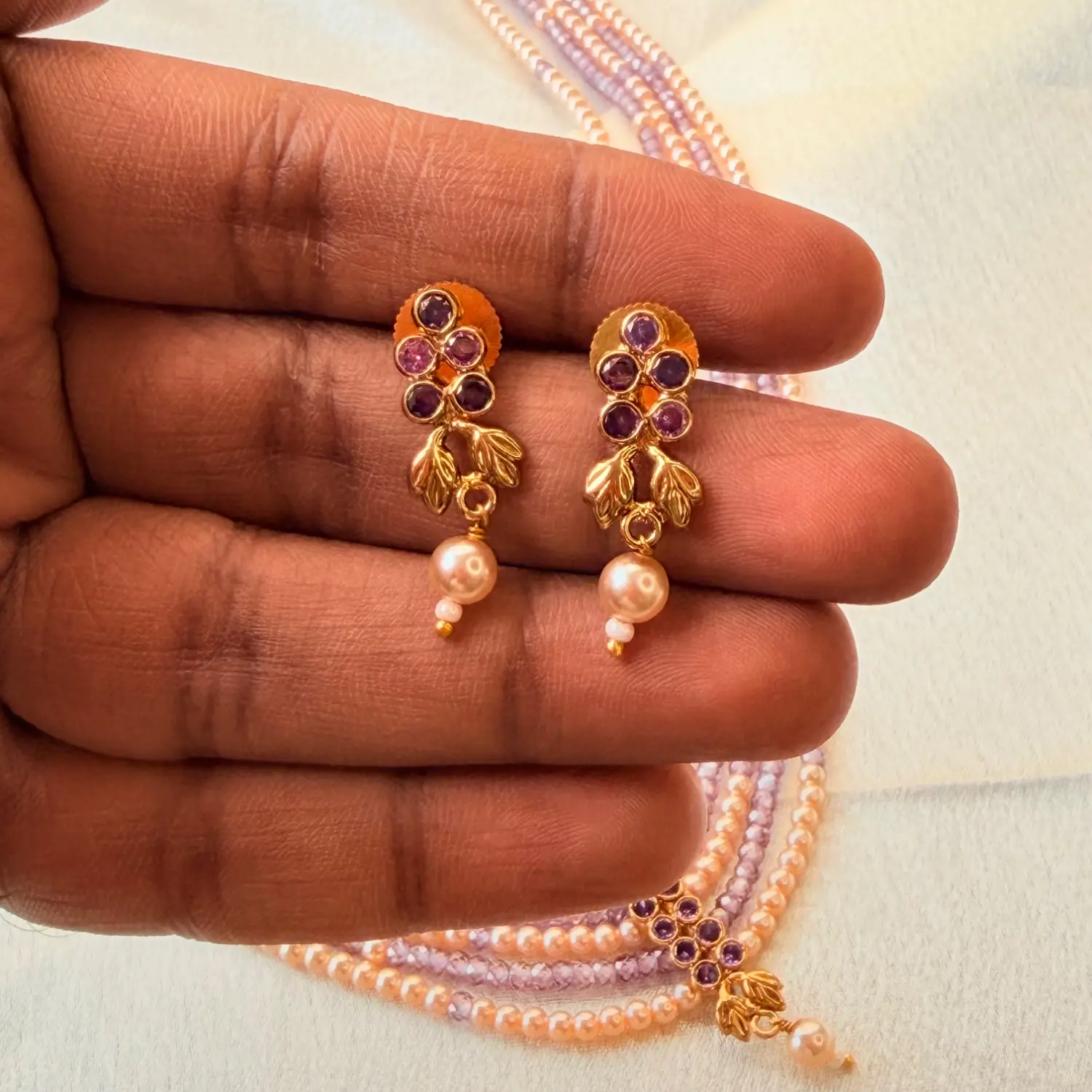 Multi-Strand Lavender Bead and Pearl Long Necklace Set with Matching Earrings SJLH019