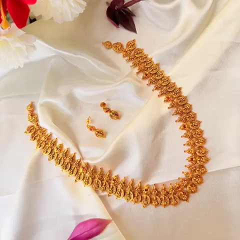 Traditional Lakshmi Coin Long Haaram Set with Matching Earrings SJPM027