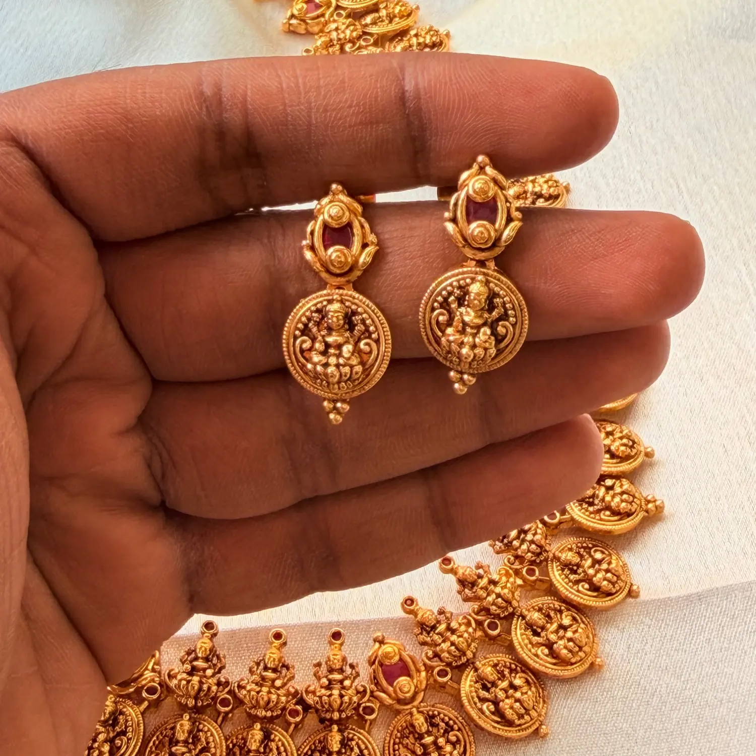 Traditional Lakshmi Coin Long Haaram Set with Matching Earrings SJPM027