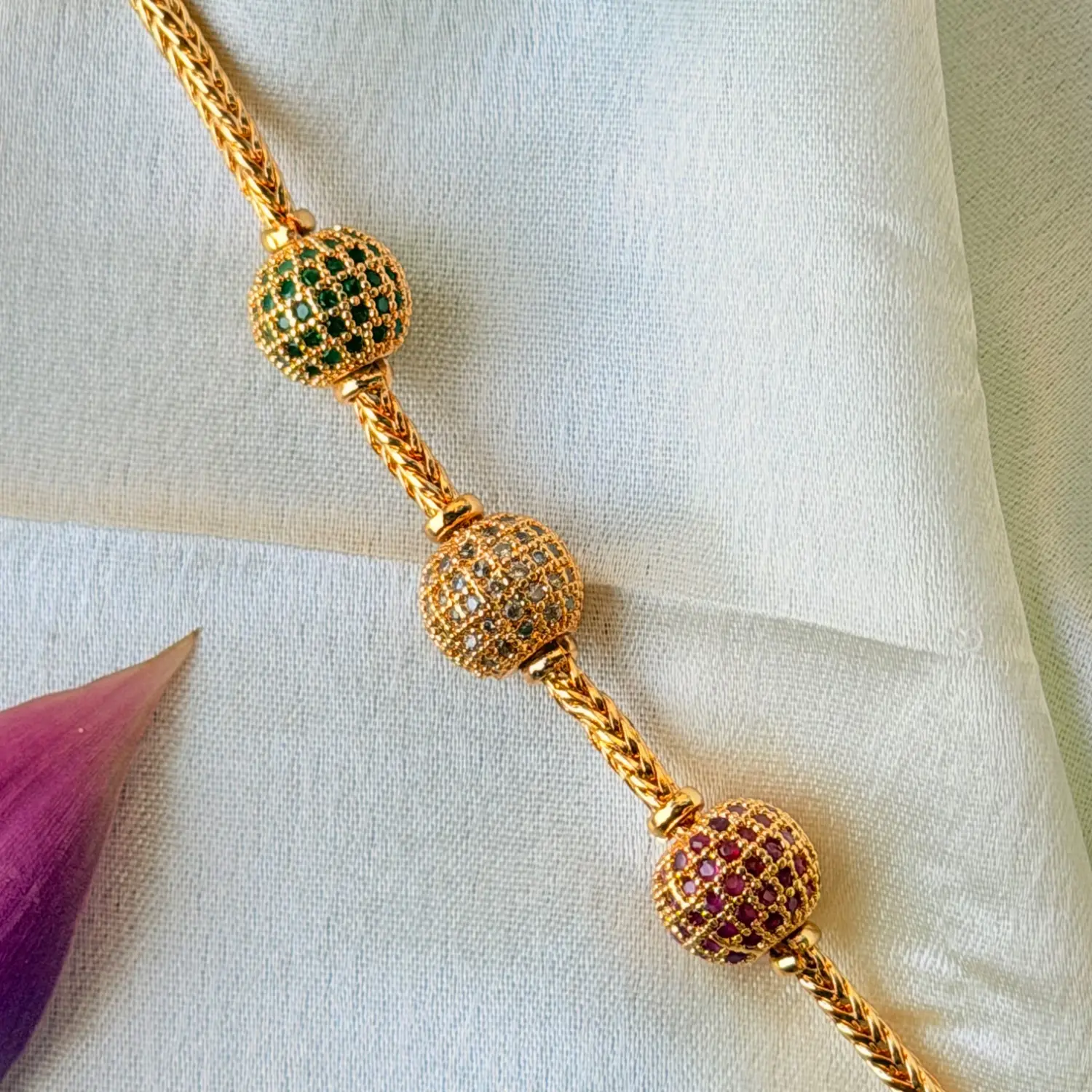 Elegant Gold-Plated Chain Necklace with Three Stone-Studded Spheres 26 inch