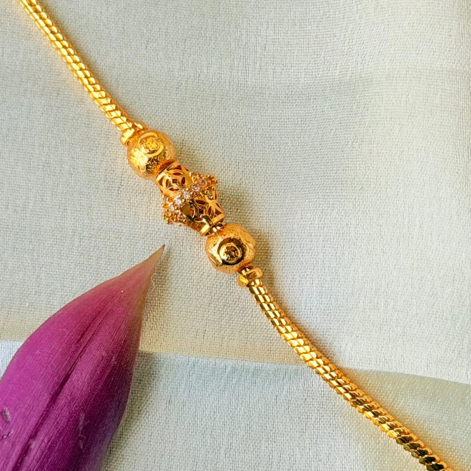 Elegant 26 Inches Gold-Plated Chain Necklace with Traditional Centered Beads