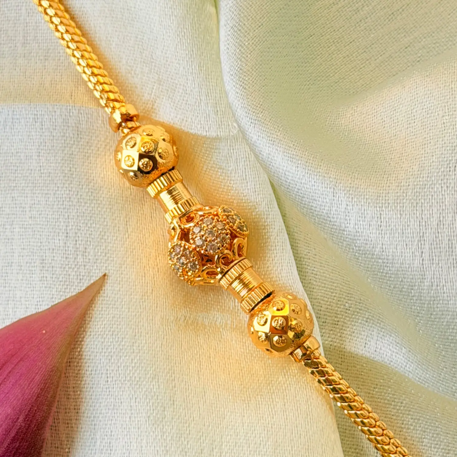 Elegant 26 Inches Gold-Plated Chain Necklace with Three Graduated Spherical Charms