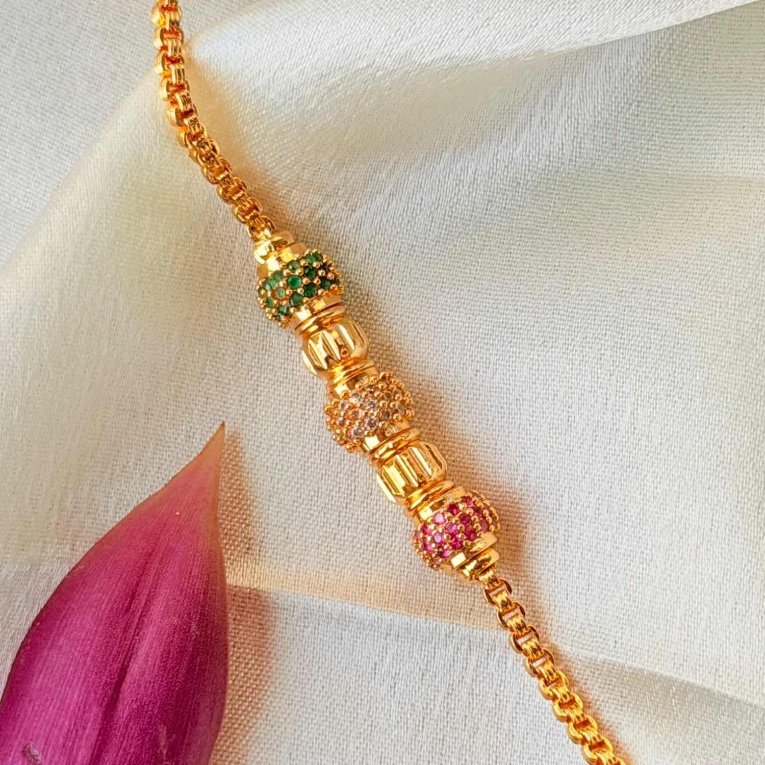 Elegant 26 Inches Gold-Plated Chain Necklace with Stone-Studded and Textured Cylindrical Beads