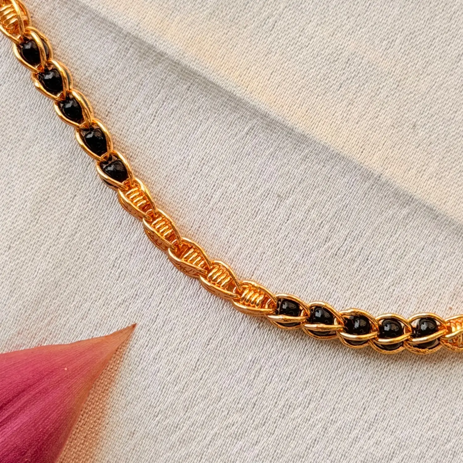 Traditional 26 Inches Gold-Plated Chain Necklace with Alternating Black Beads