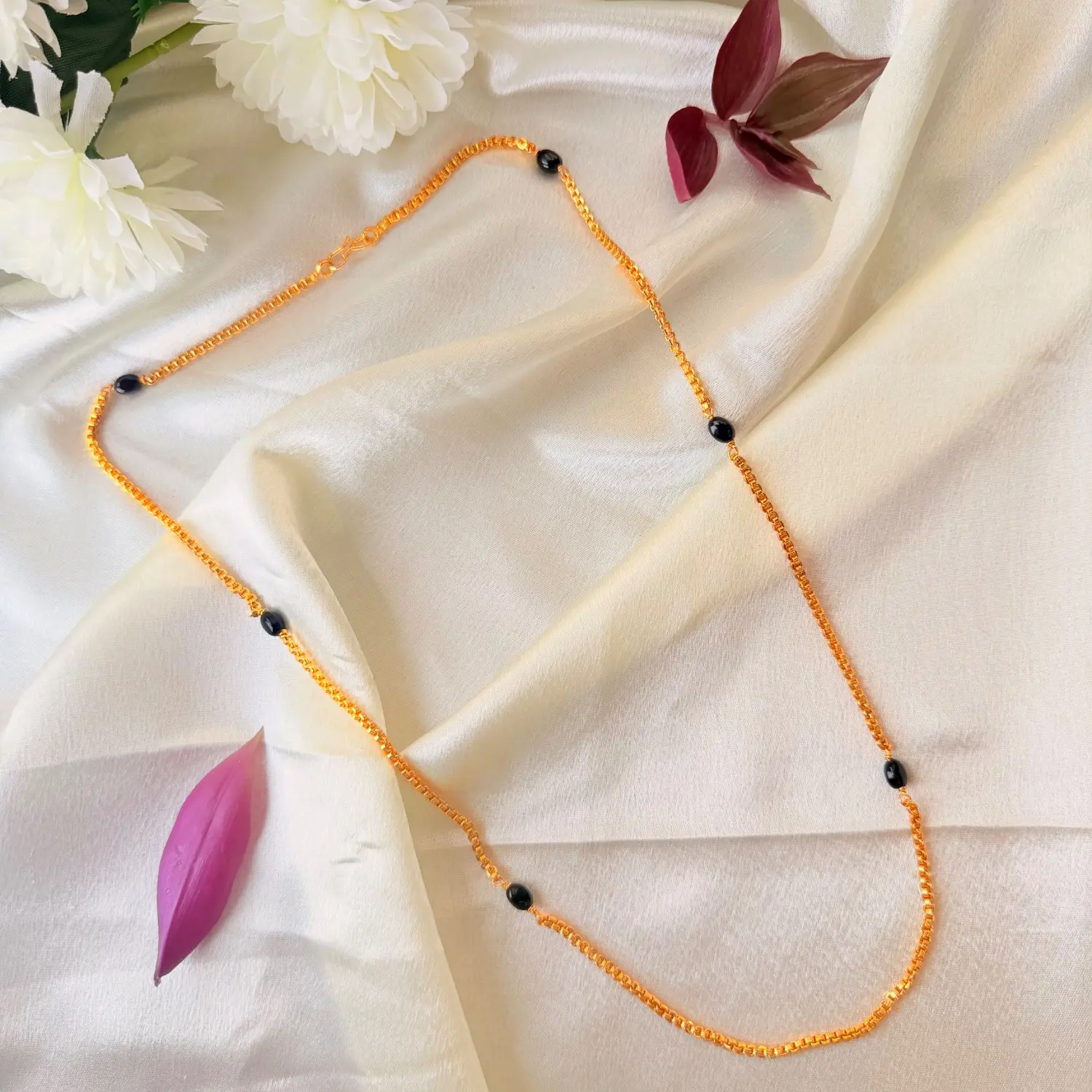 Traditional 26 Inches Gold-Plated Chain Necklace with Spaced Black Beads