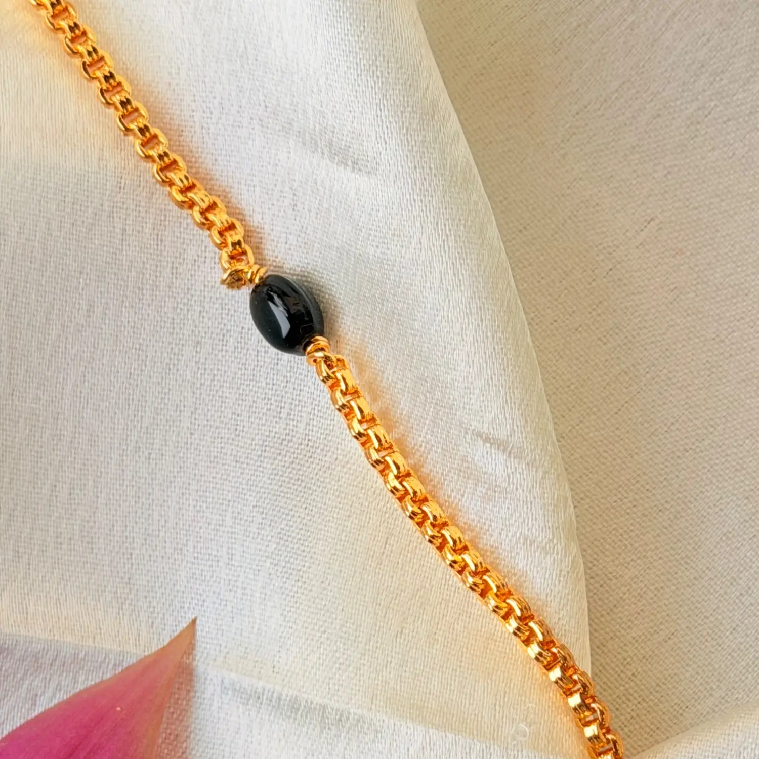 Traditional 26 Inches Gold-Plated Chain Necklace with Spaced Black Beads