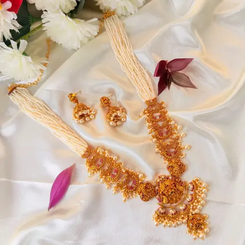 Royal Traditional Gold-Plated Multi-Strand Pearl Long Haram Necklace Set with Ruby and Emerald Accents SJPM028