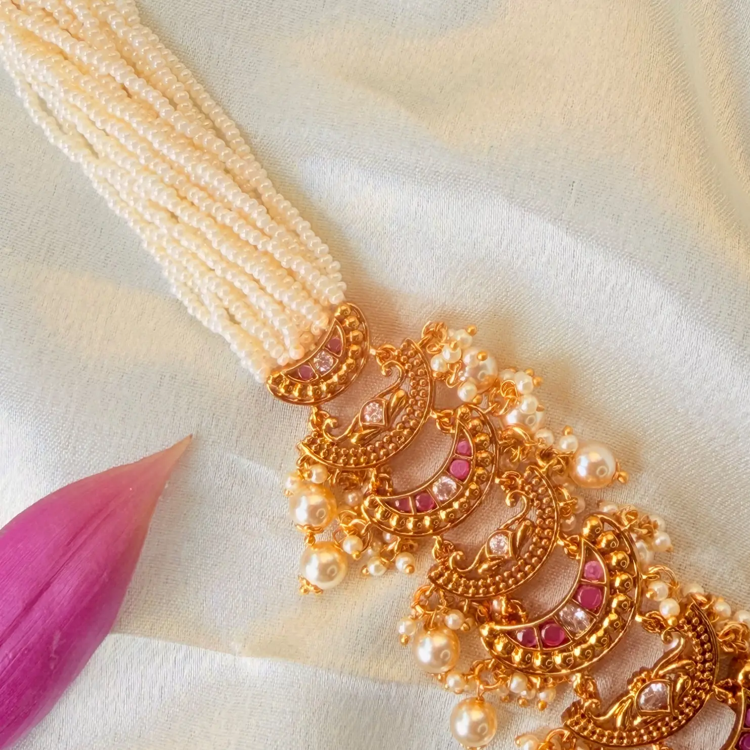 Royal Traditional Gold-Plated Multi-Strand Pearl Long Haram Necklace Set with Ruby and Emerald Accents SJPM028