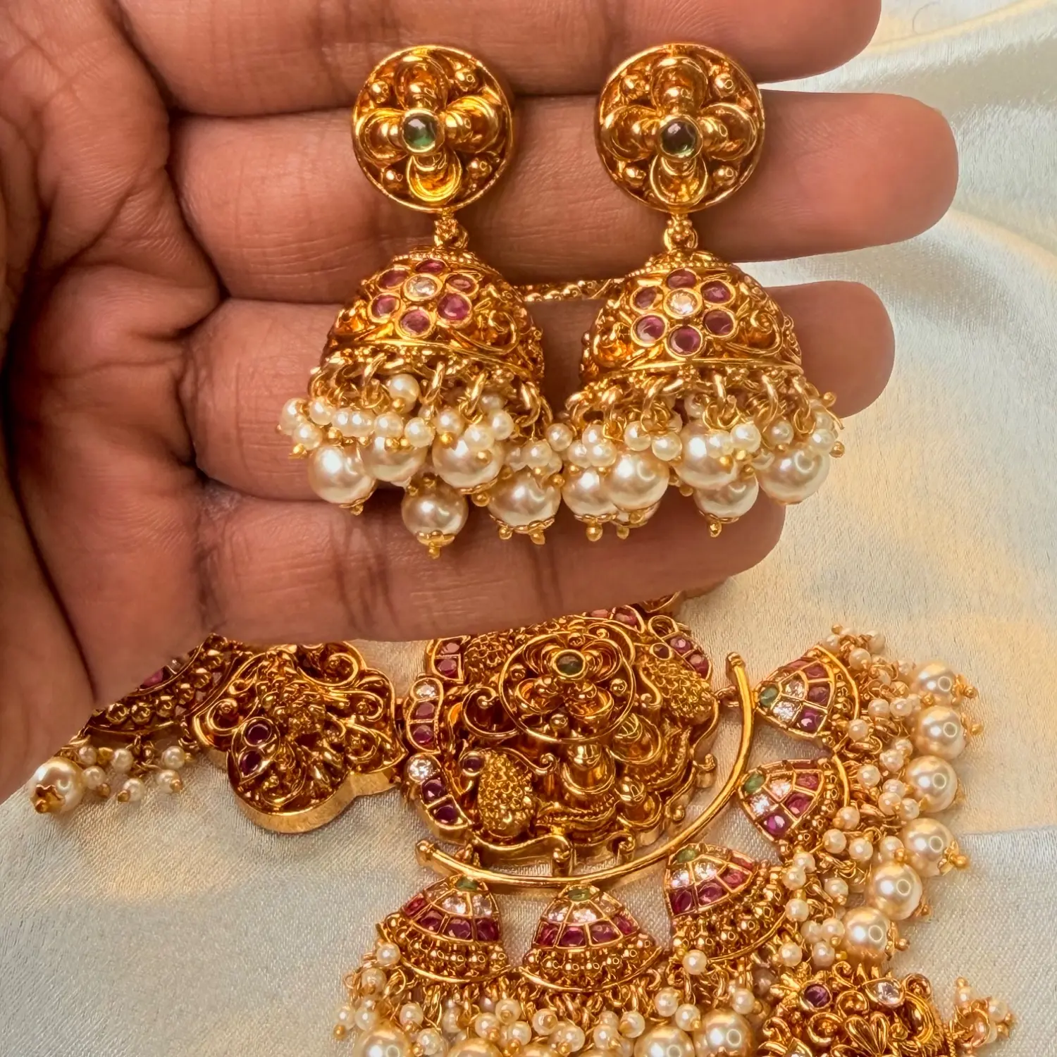 Royal Traditional Gold-Plated Multi-Strand Pearl Long Haram Necklace Set with Ruby and Emerald Accents SJPM028