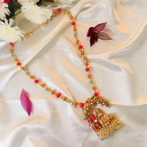 Royal Traditional Gold-Plated Beaded Long Haram Necklace Set with Goddess Motif and Gemstone Accents SJPM029