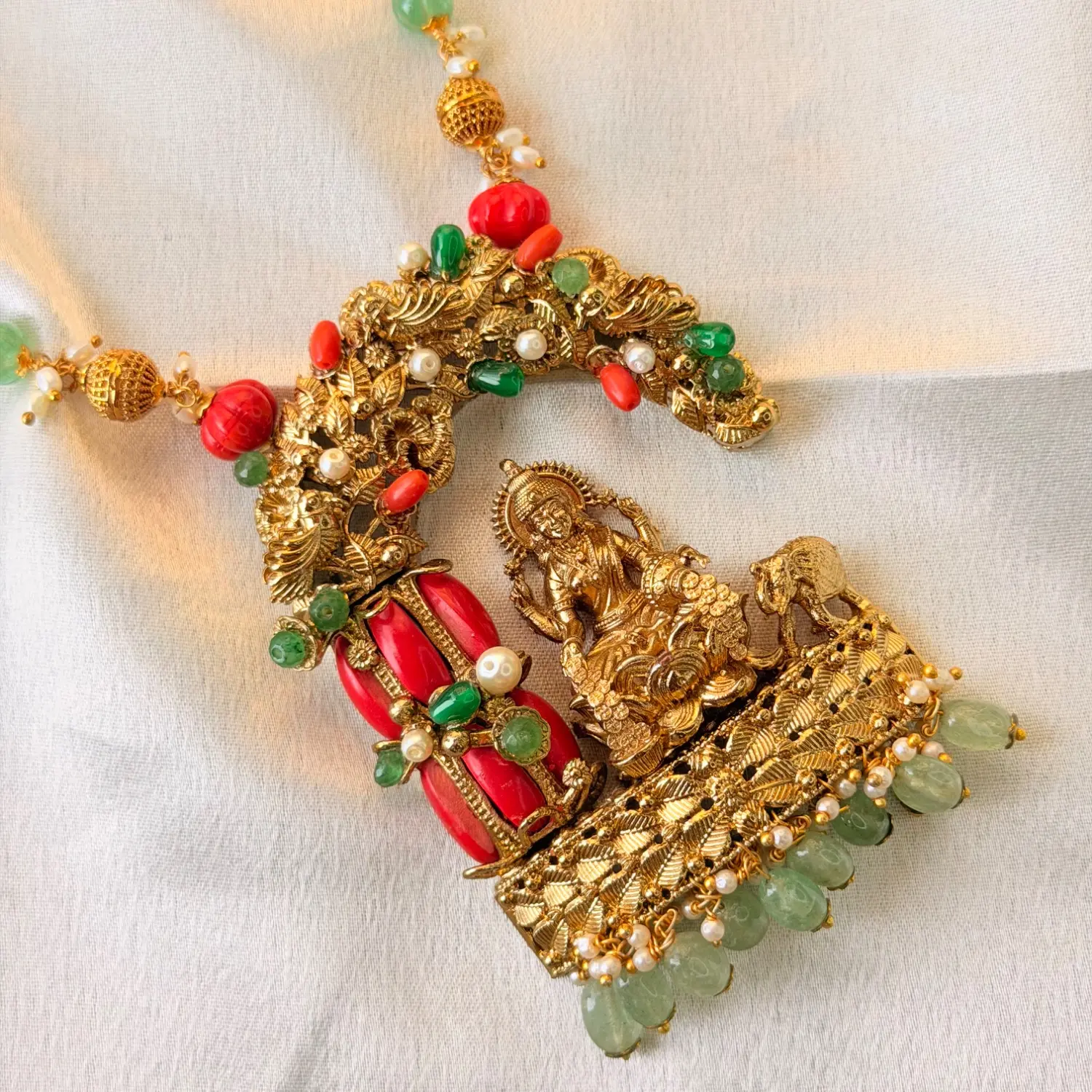 Royal Traditional Gold-Plated Beaded Long Haram Necklace Set with Goddess Motif and Gemstone Accents SJPM029