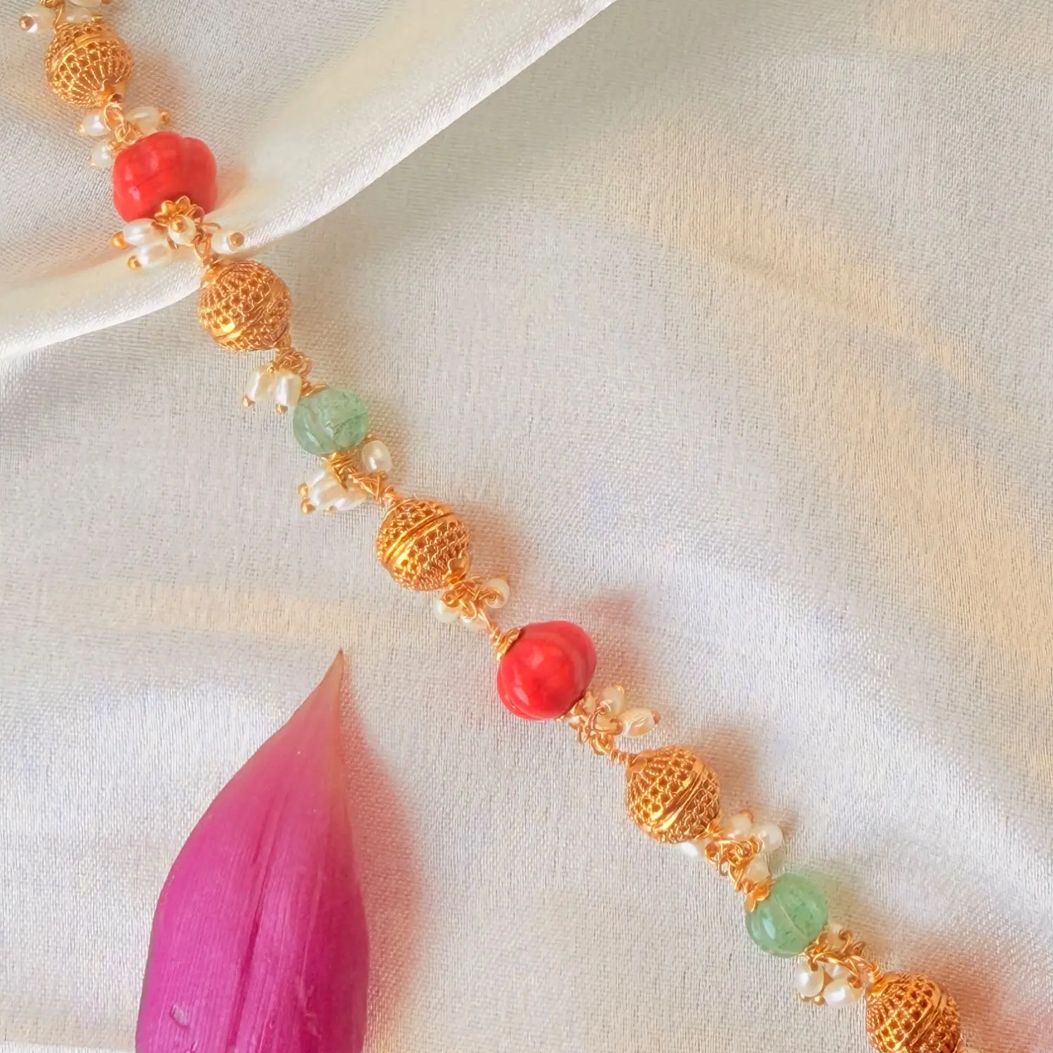 Royal Traditional Gold-Plated Beaded Long Haram Necklace Set with Goddess Motif and Gemstone Accents SJPM029