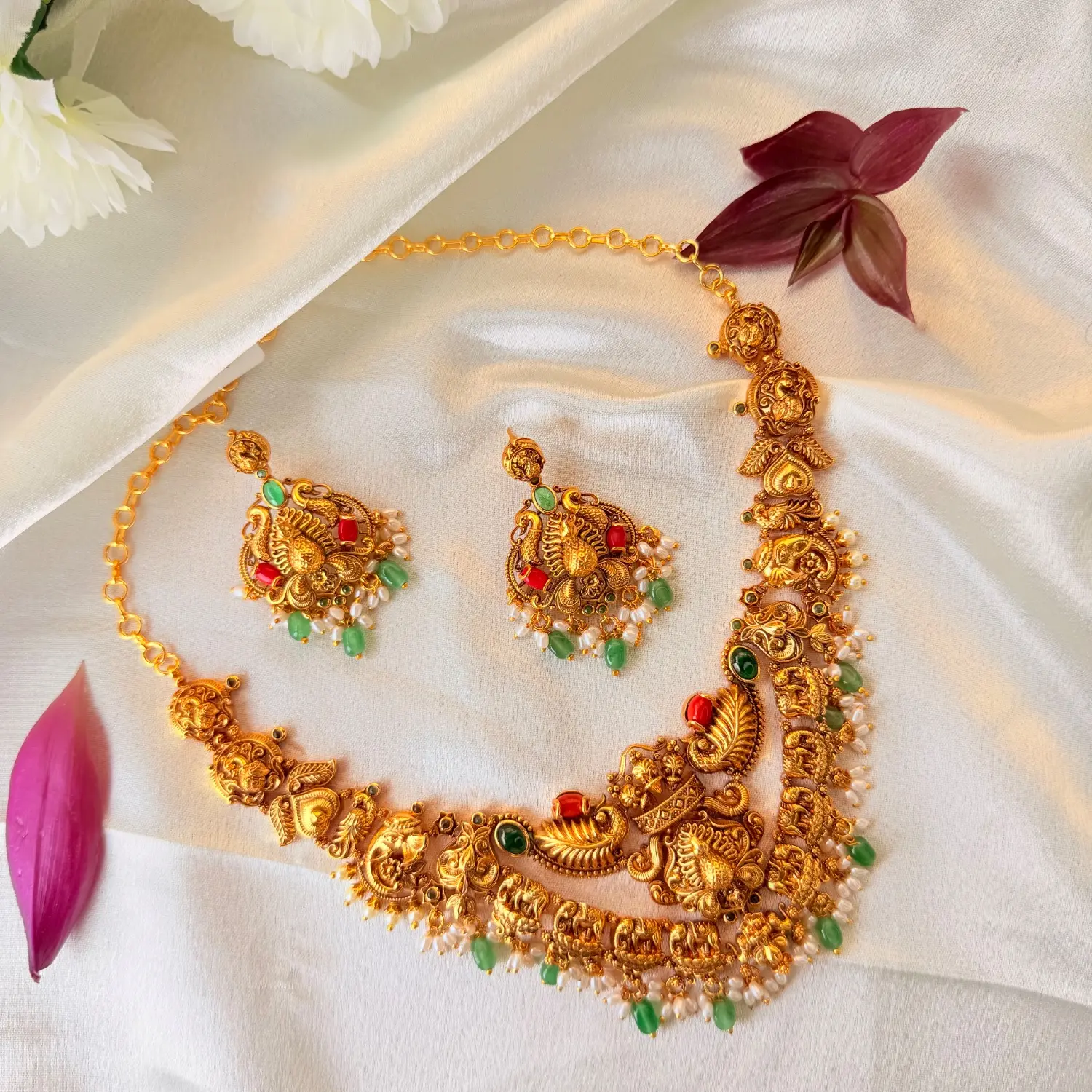 Royal Traditional Gold-Plated Temple Necklace Set with Ruby, Emerald, and Pearl Accents and Matching Earrings SJPM031