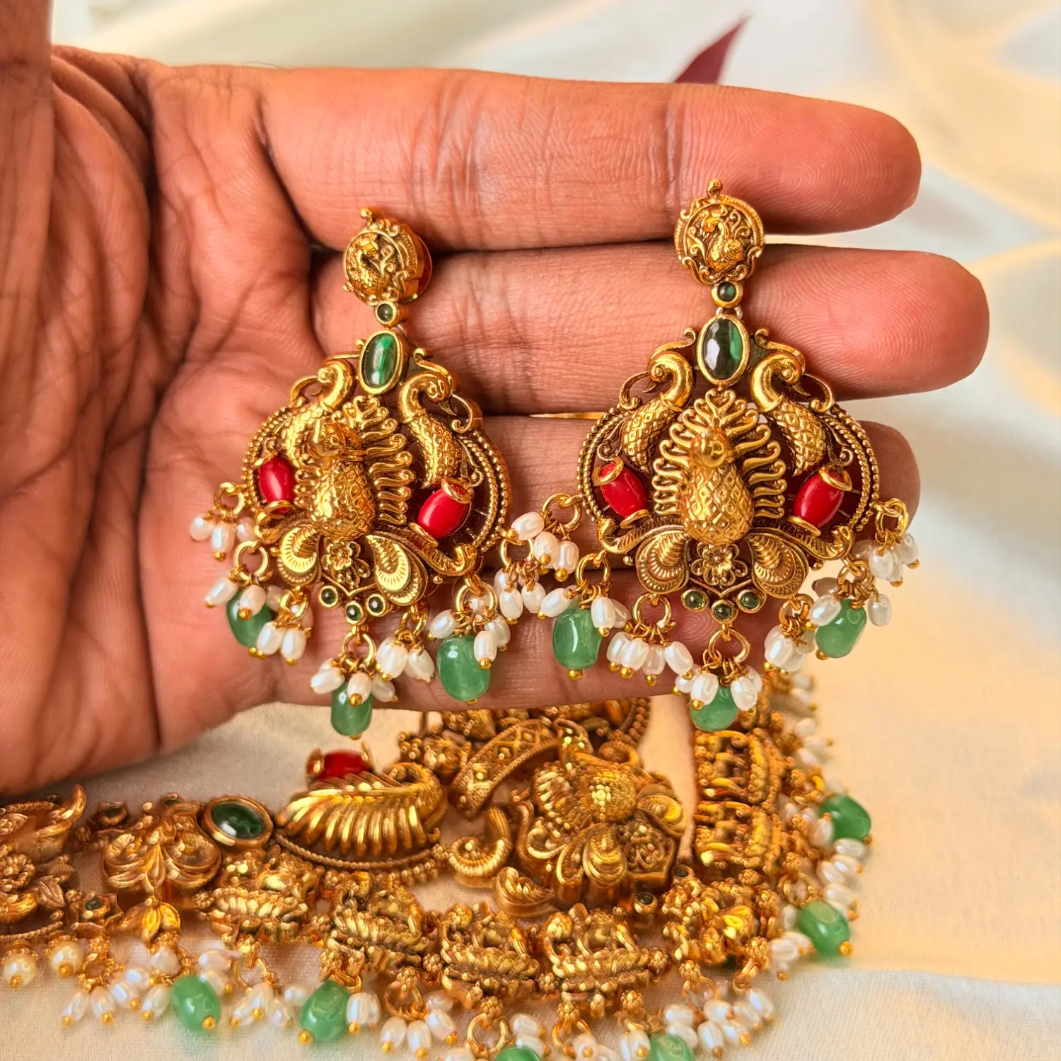 Royal Traditional Gold-Plated Temple Necklace Set with Ruby, Emerald, and Pearl Accents and Matching Earrings SJPM031