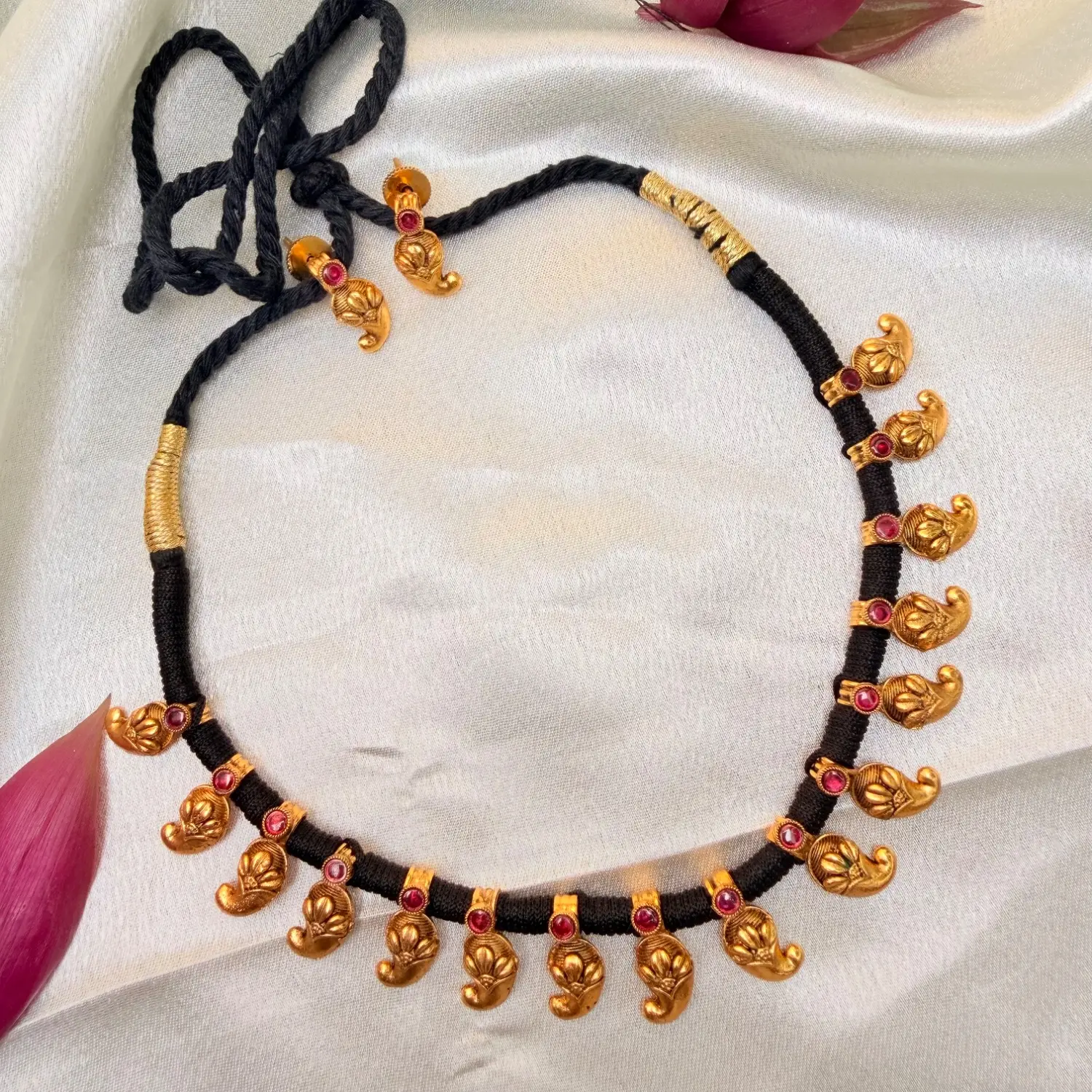 Traditional Black Thread 1 Gram Gold-Plated North Karnataka Necklace Set with Mango Motifs and Matching Earrings. SJPM032