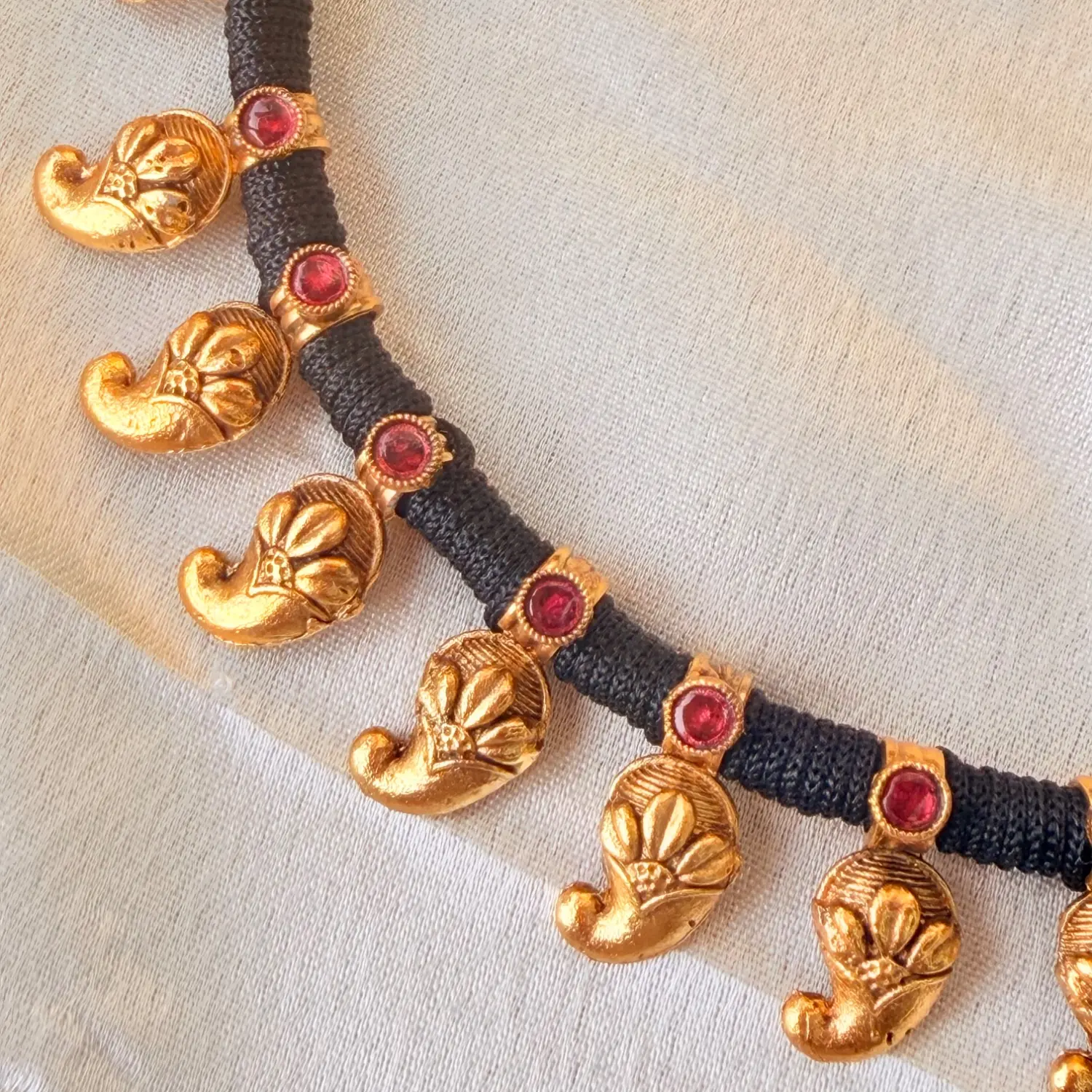 Traditional Black Thread 1 Gram Gold-Plated North Karnataka Necklace Set with Mango Motifs and Matching Earrings. SJPM032