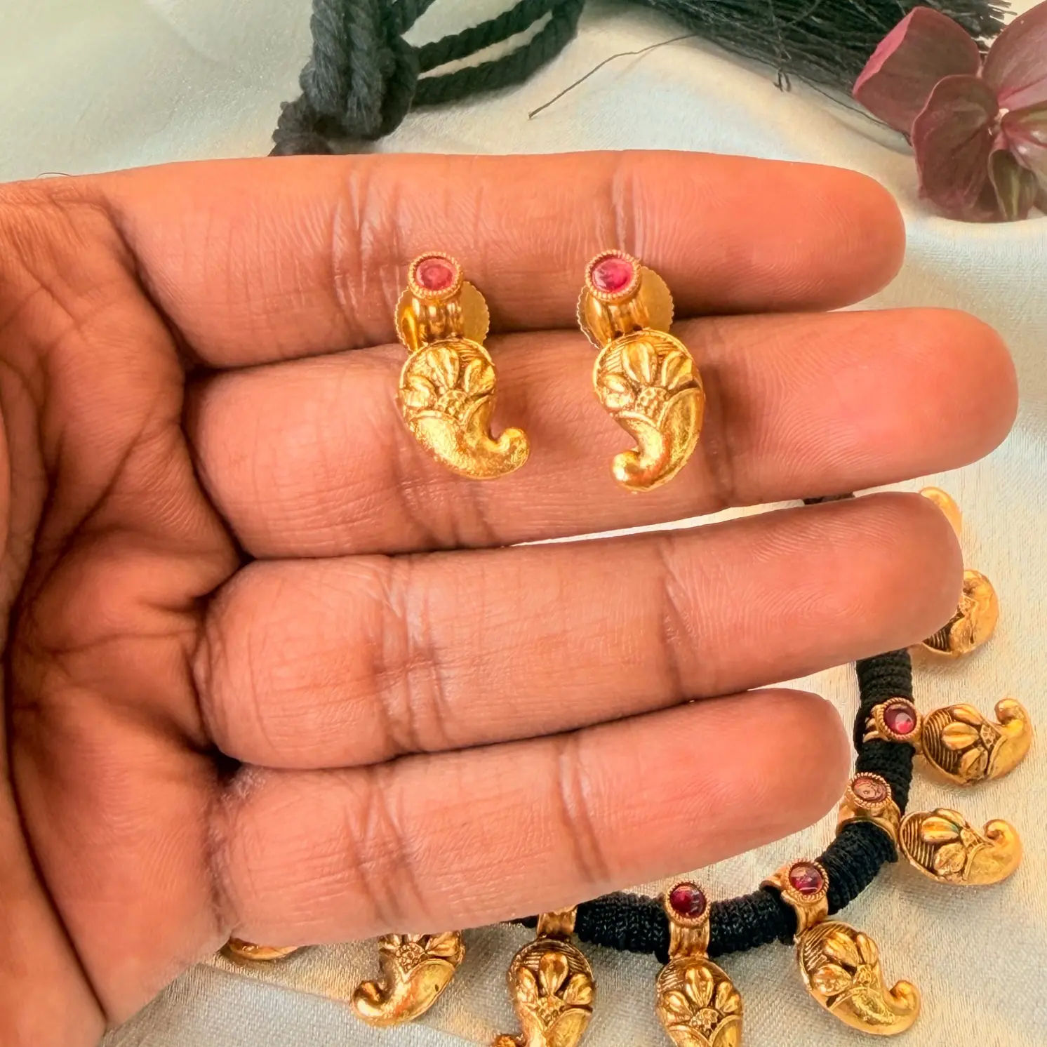 Traditional Black Thread 1 Gram Gold-Plated North Karnataka Necklace Set with Mango Motifs and Matching Earrings. SJPM032
