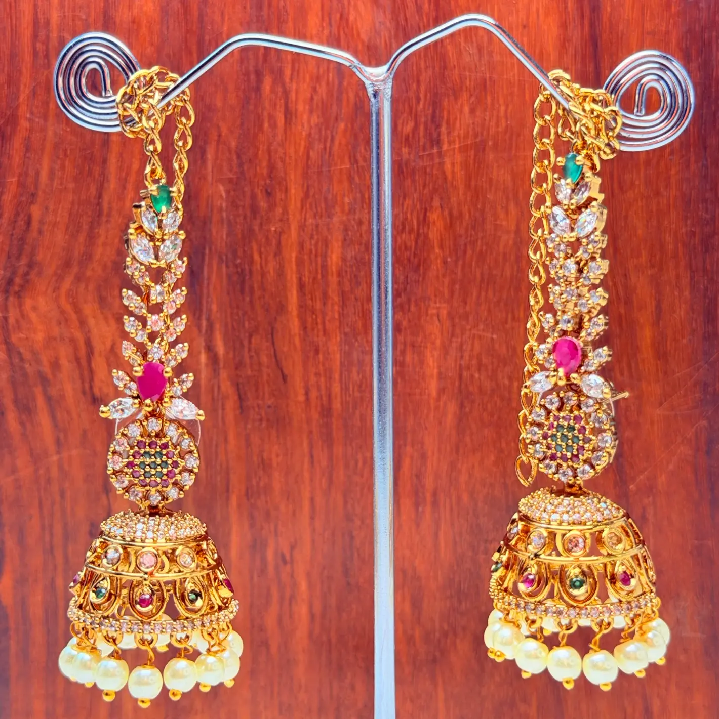Premium Leaf Motif CZ & Pearl Drop Jhumkas with Attached Hair Chain (Matilu Set)