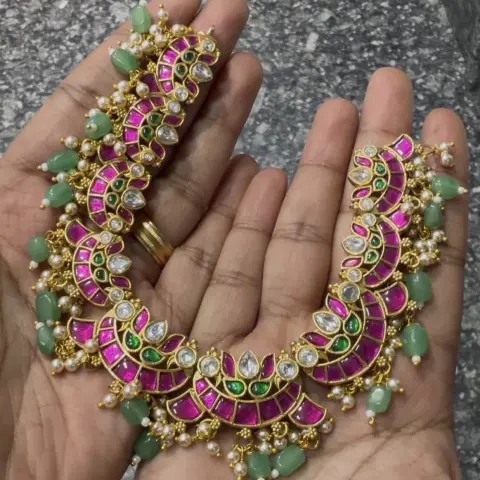Premium Jadau Kundan crescent green beads neck set SJPM025