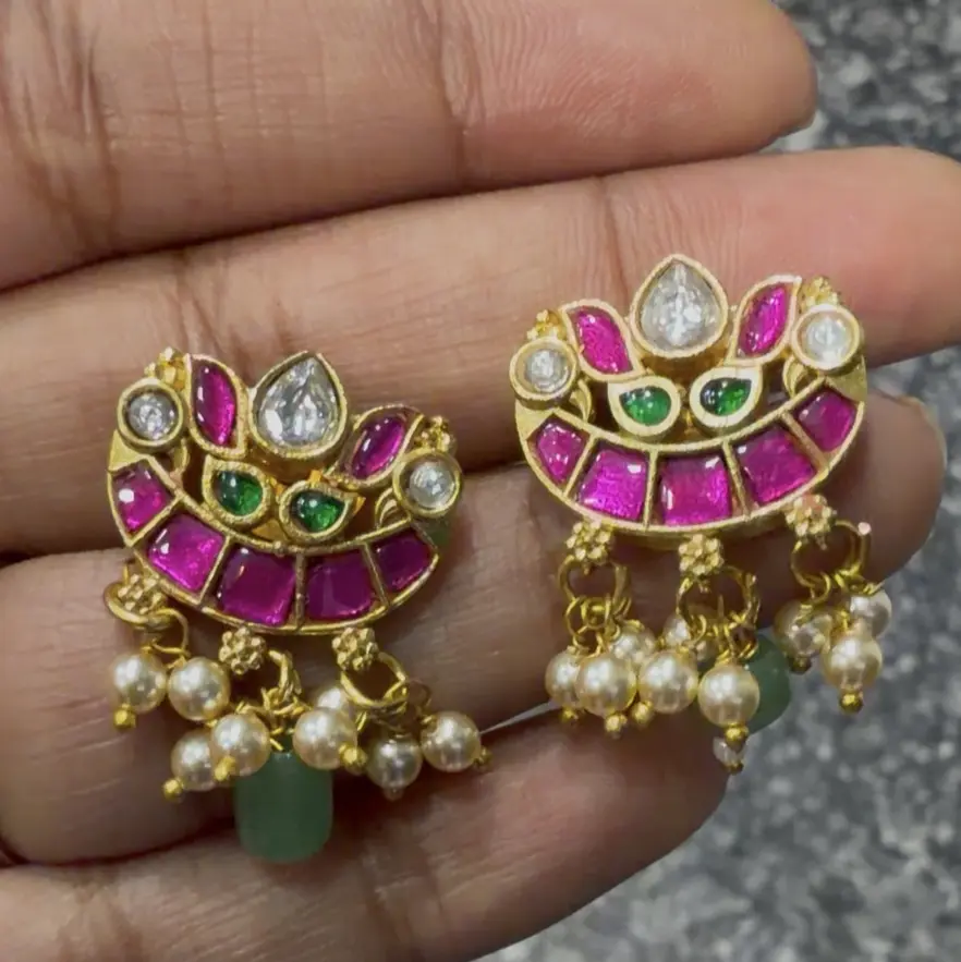 Premium Jadau Kundan crescent green beads neck set SJPM025