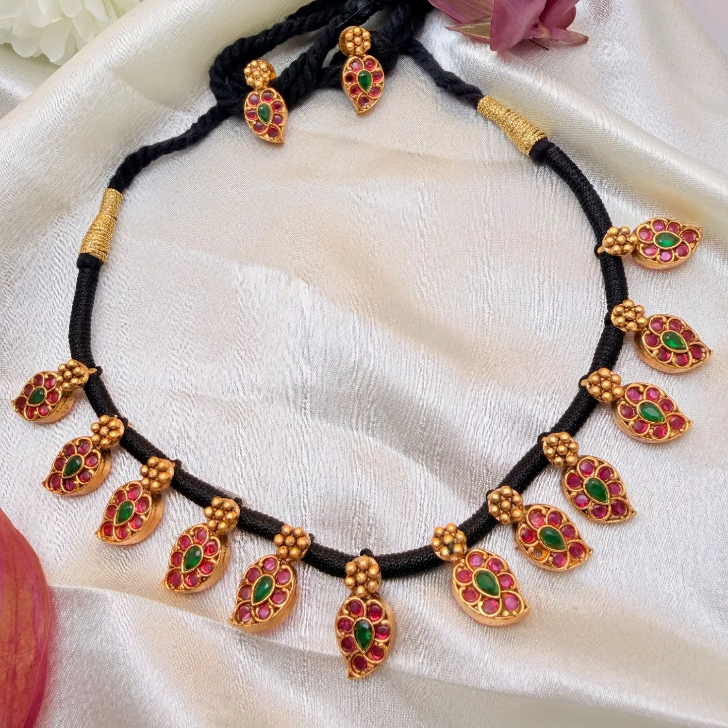 North Karnataka style 1 gram finish Ruby & Emerald Kemp Stone Mango Motif Black thread Necklace Set SJPM033