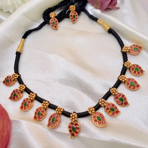 North Karnataka style 1 gram finish Ruby & Emerald Kemp Stone Mango Motif Black thread Necklace Set SJPM033
