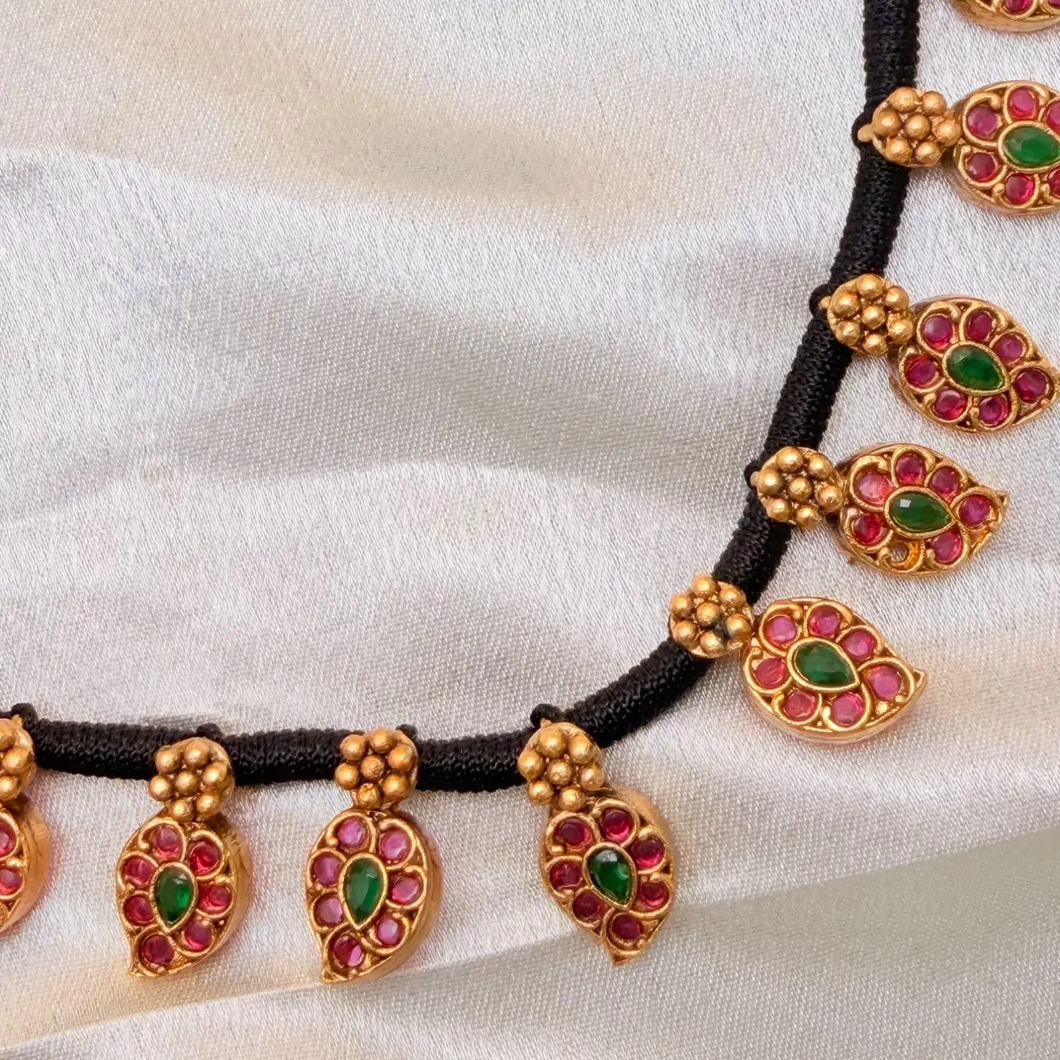 North Karnataka style 1 gram finish Ruby & Emerald Kemp Stone Mango Motif Black thread Necklace Set SJPM033