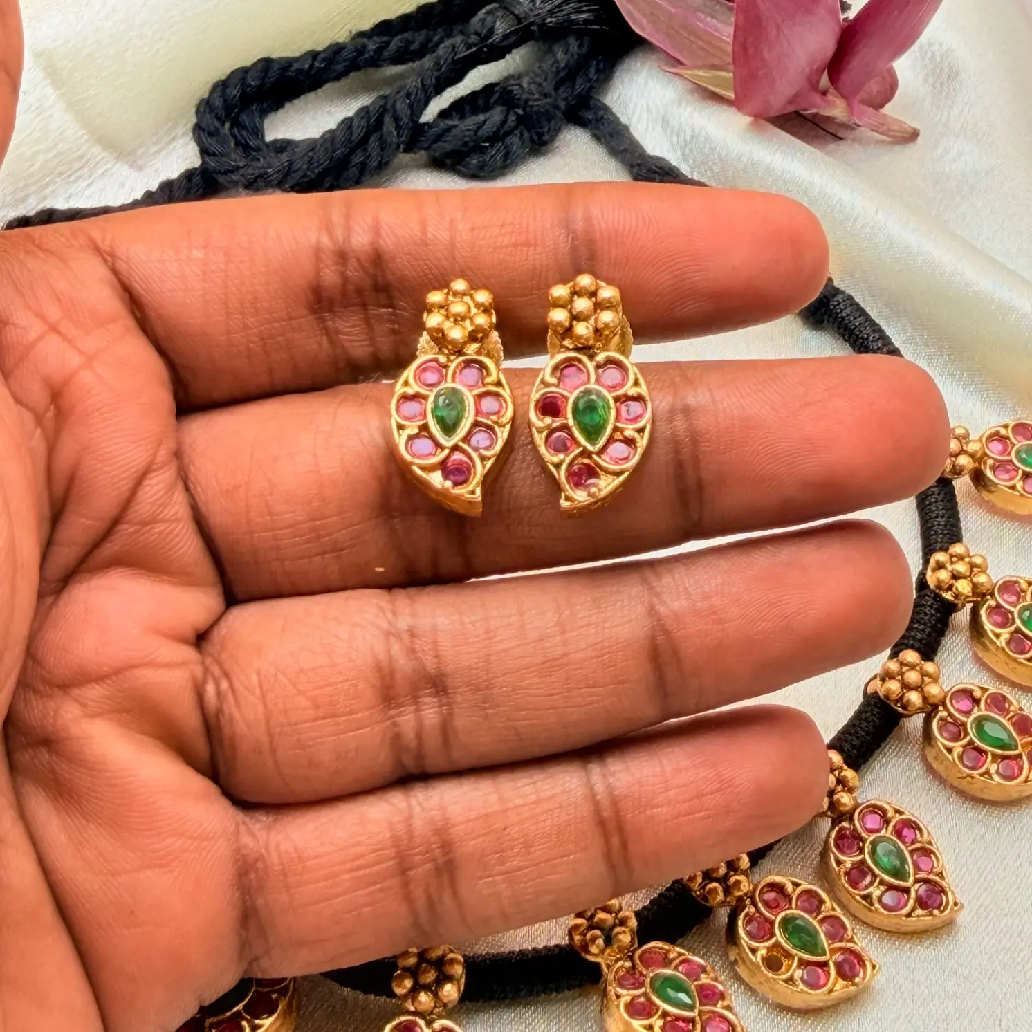 North Karnataka style 1 gram finish Ruby & Emerald Kemp Stone Mango Motif Black thread Necklace Set SJPM033