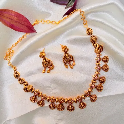 Traditional Lakshmi and Peacock Temple Antique Gold Necklace Set SJPM034