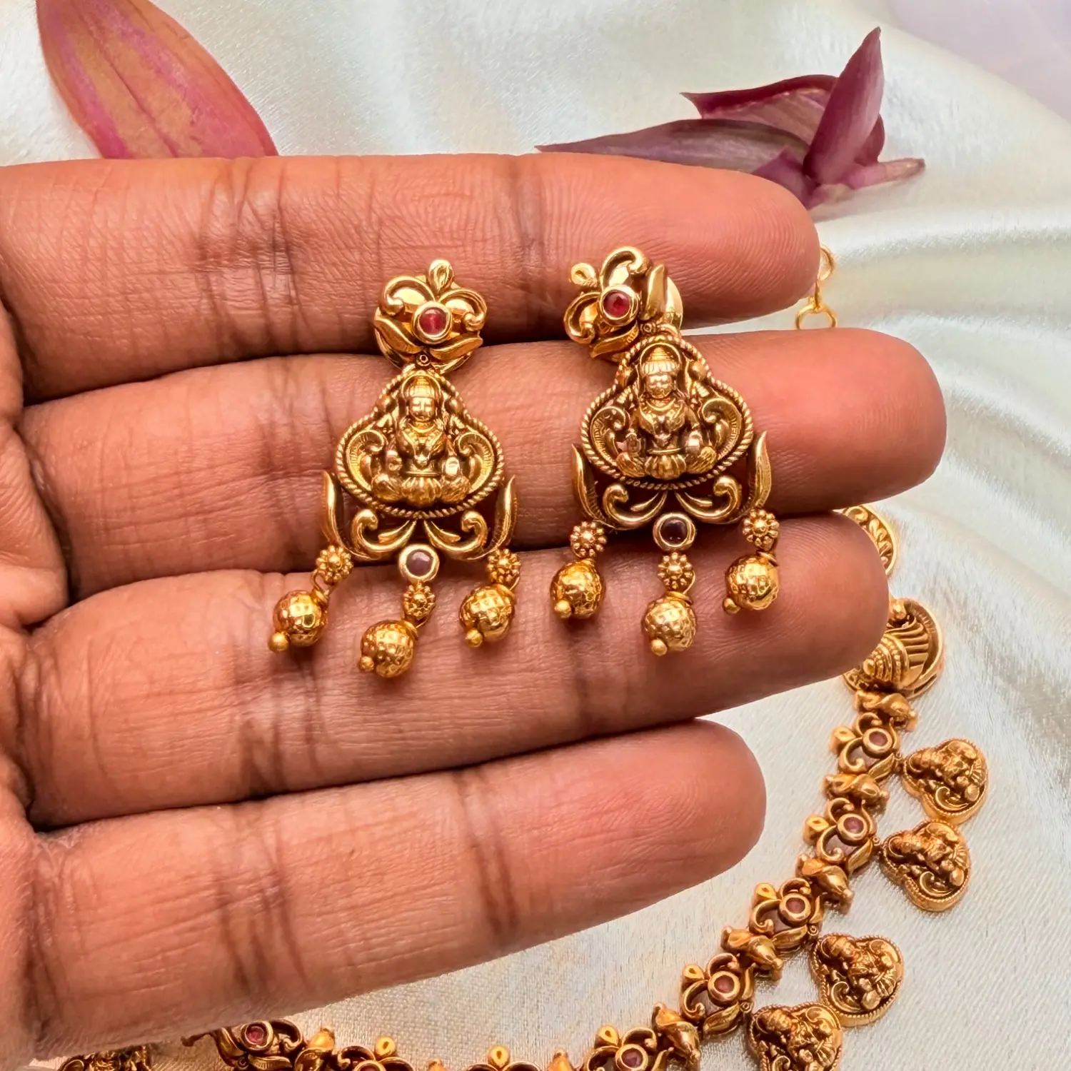 Traditional Lakshmi and Peacock Temple Antique Gold Necklace Set SJPM034