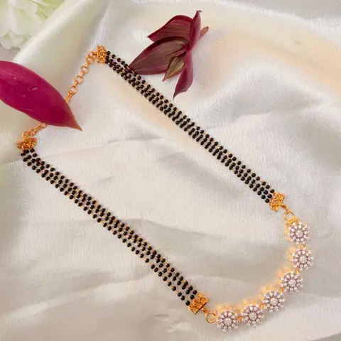 Elegant Multi-Strand Black Beaded AD Stone Floral Choker Necklace