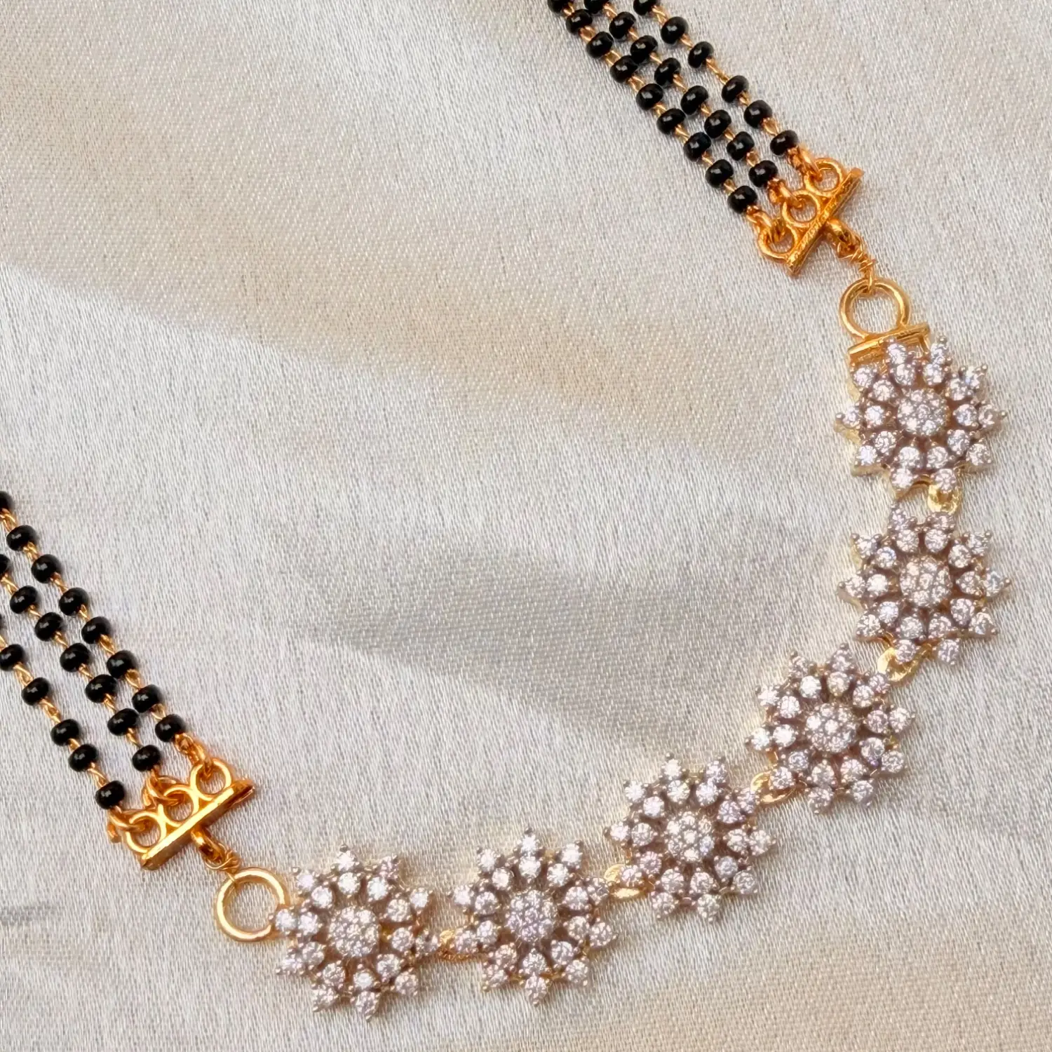Elegant Multi-Strand Black Beaded AD Stone Floral Choker Necklace