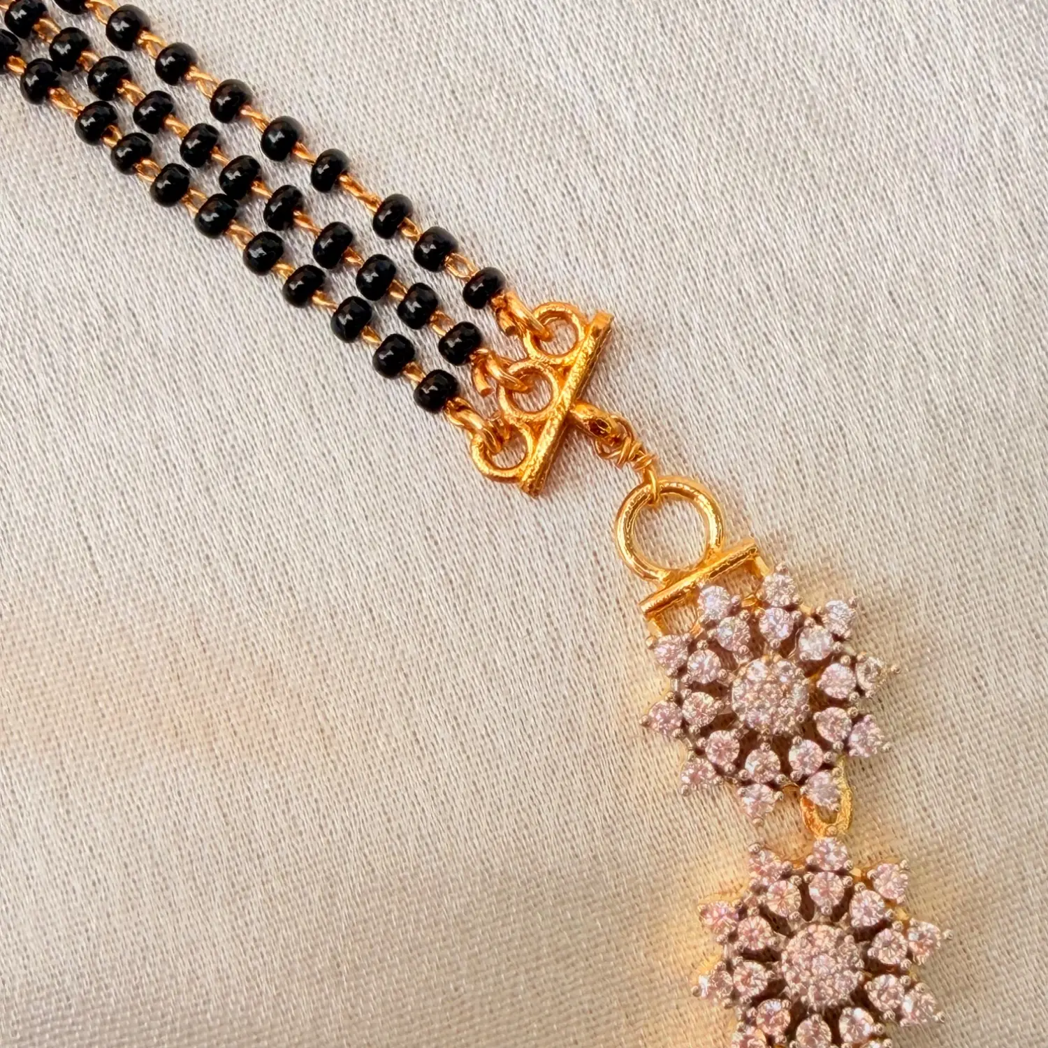 Elegant Multi-Strand Black Beaded AD Stone Floral Choker Necklace