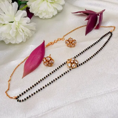 Double-Strand Black Beaded AD Stone Floral Pendant Mangalsutra Set with Earrings
