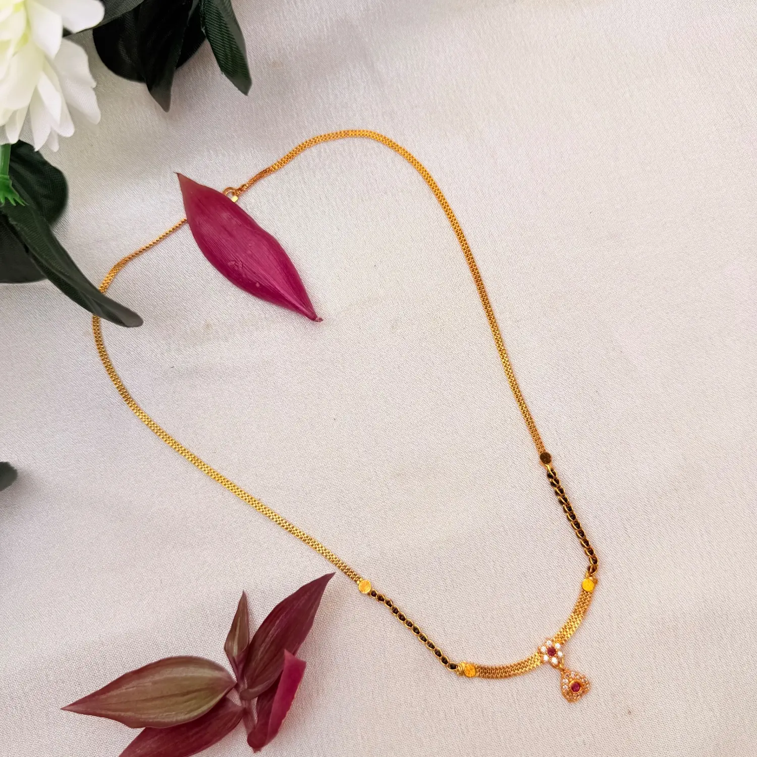 Gold Mesh Chain & Black Bead Ruby Pendant Mangalsutra